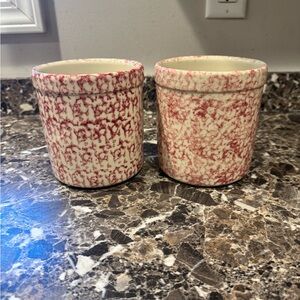 Set Of 2 - Roseville Gerald Henn Pottery Spongeware 1 Quart Crock - Cranberry